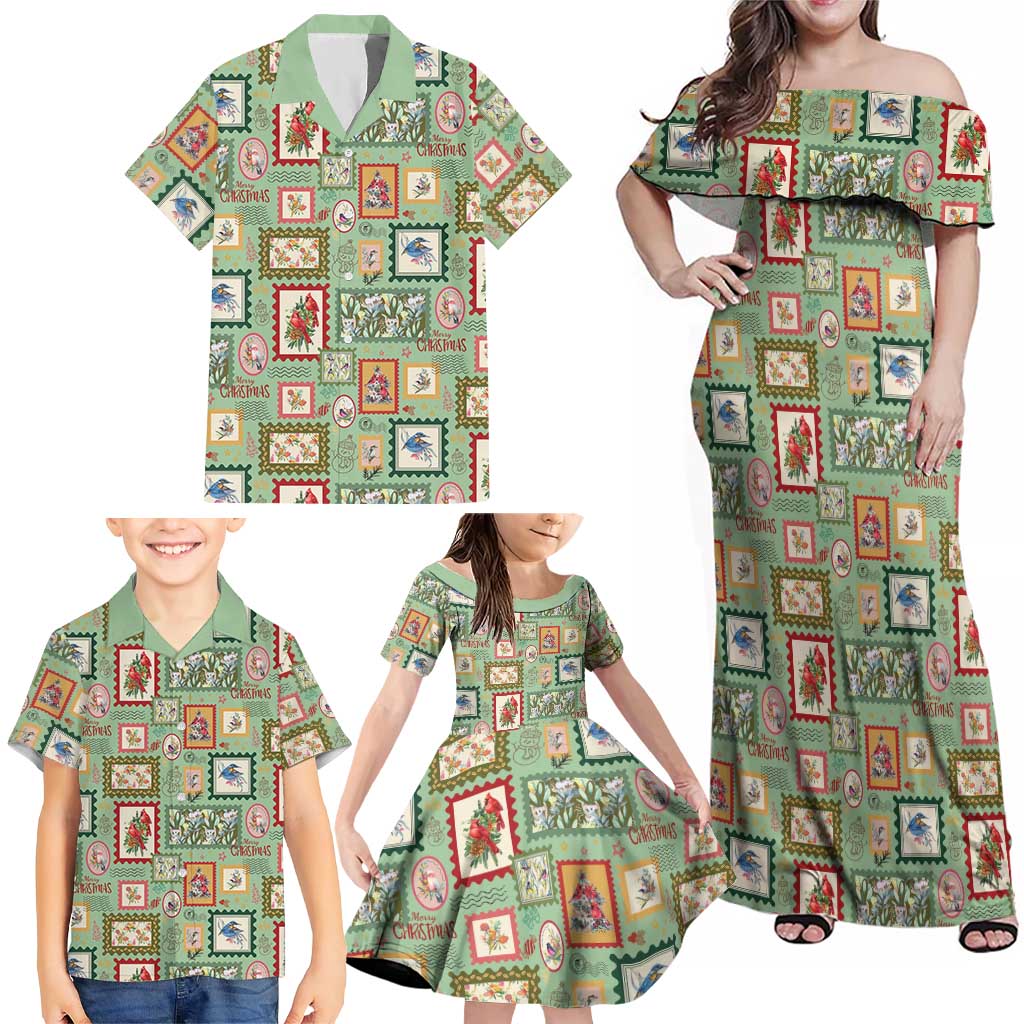 Aussie Birds Christmas La La Land Family Matching Off Shoulder Maxi Dress and Hawaiian Shirt Green Vintage Stamp Edition - Aussie Hoodie
