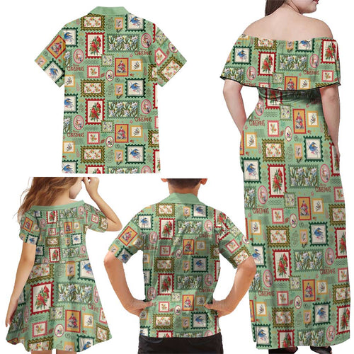 Aussie Birds Christmas La La Land Family Matching Off Shoulder Maxi Dress and Hawaiian Shirt Green Vintage Stamp Edition - Aussie Hoodie