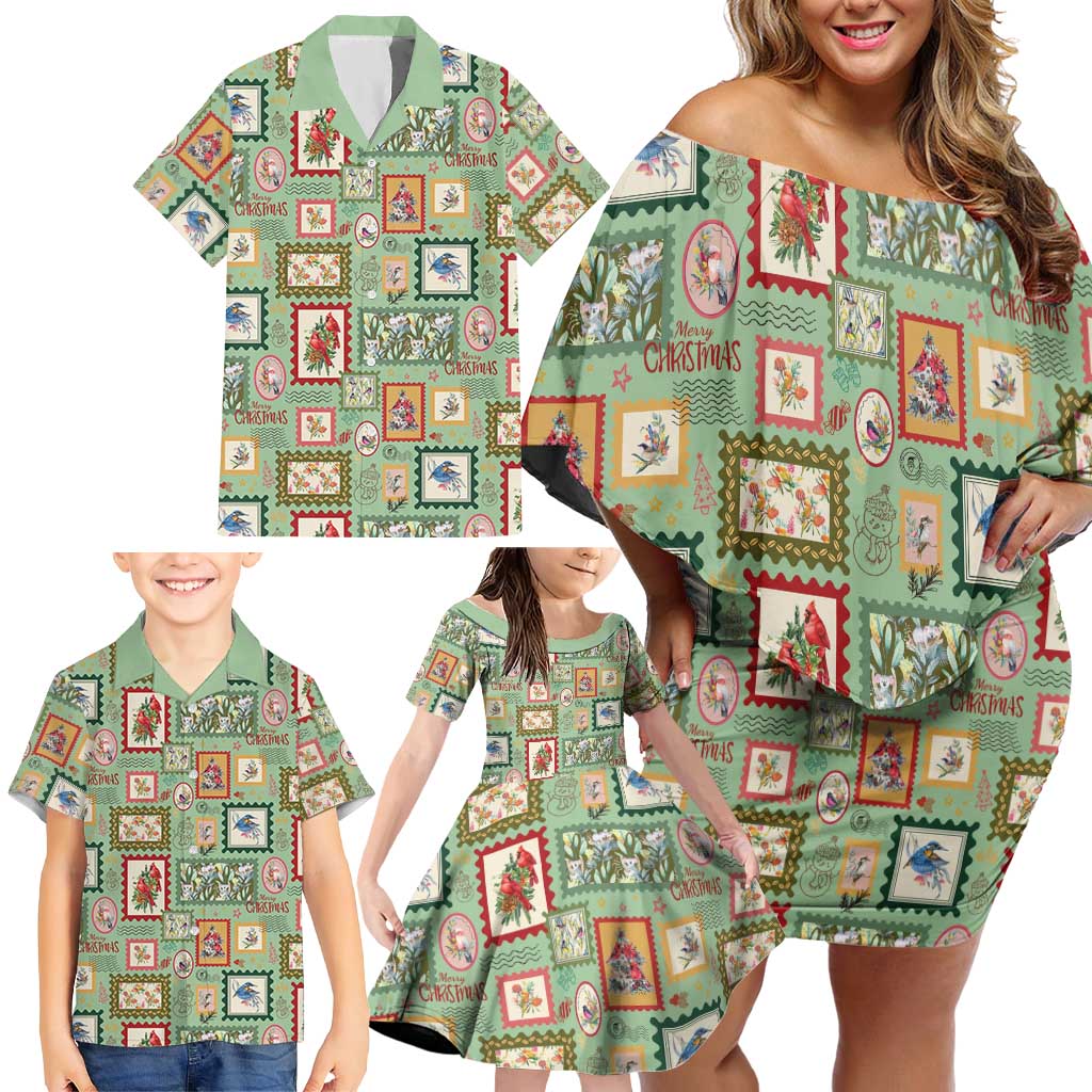 Aussie Birds Christmas La La Land Family Matching Off Shoulder Short Dress and Hawaiian Shirt Green Vintage Stamp Edition - Aussie Hoodie