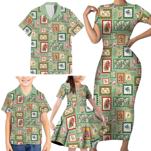 Aussie Birds Christmas La La Land Family Matching Short Sleeve Bodycon Dress and Hawaiian Shirt Green Vintage Stamp Edition - Aussie Hoodie