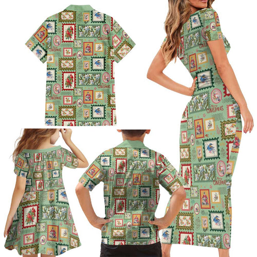 Aussie Birds Christmas La La Land Family Matching Short Sleeve Bodycon Dress and Hawaiian Shirt Green Vintage Stamp Edition - Aussie Hoodie