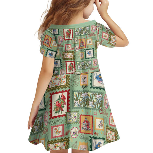 Aussie Birds Christmas La La Land Kid Short Sleeve Dress Green Vintage Stamp Edition - Aussie Hoodie