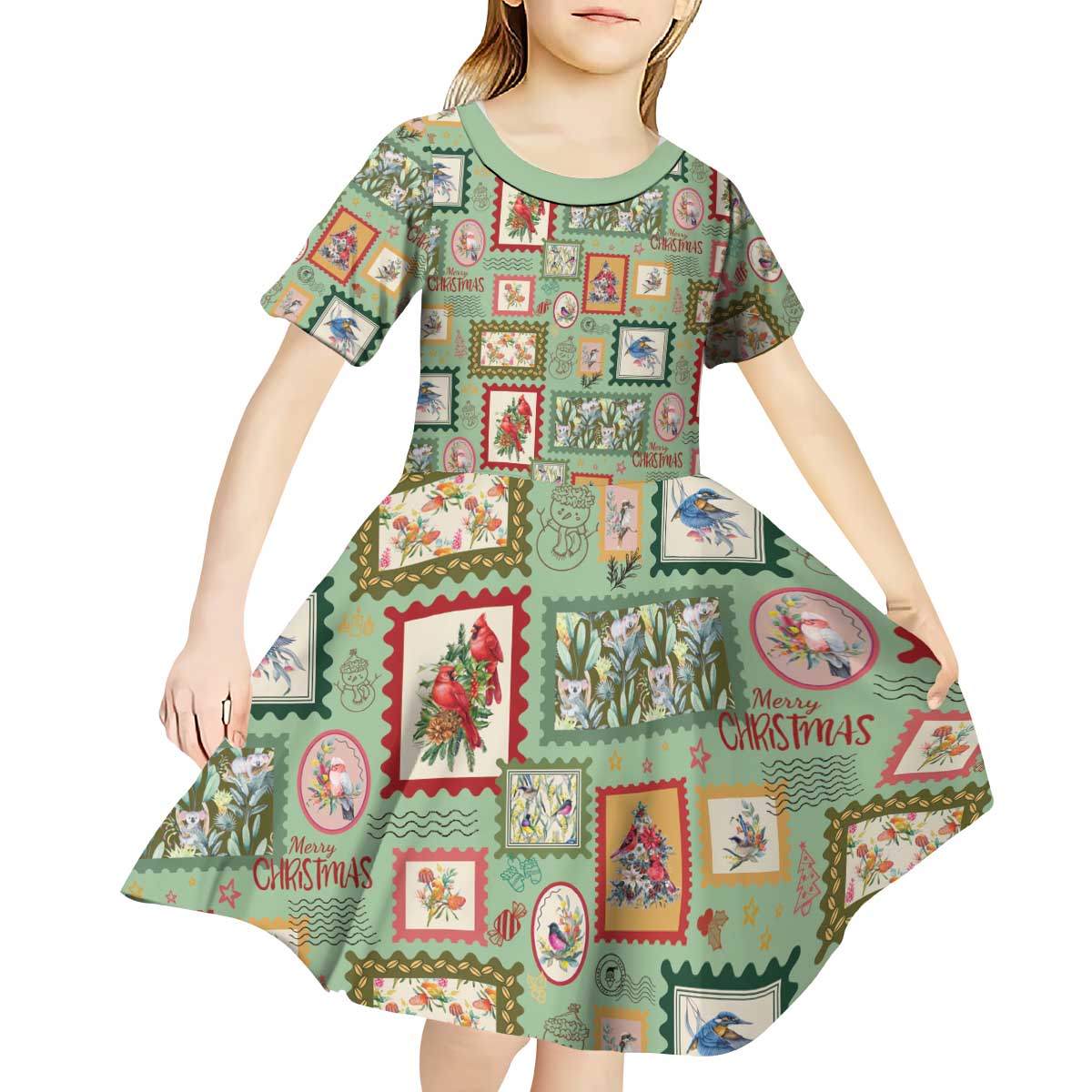 Aussie Birds Christmas La La Land Kid Short Sleeve Dress Green Vintage Stamp Edition - Aussie Hoodie