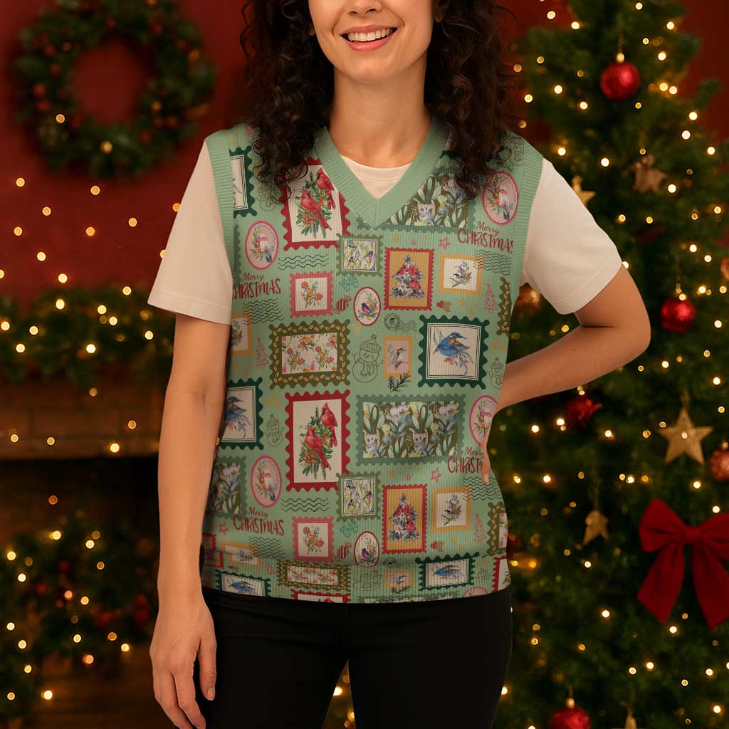 Aussie Birds Christmas La La Land Christmas Knitted V-Neck Vest Green Vintage Stamp Edition - Aussie Hoodie