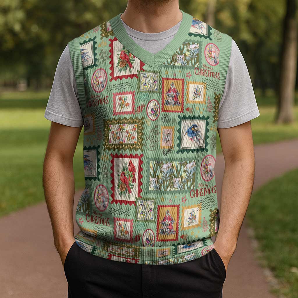 Aussie Birds Christmas La La Land Christmas Knitted V-Neck Vest Green Vintage Stamp Edition - Aussie Hoodie