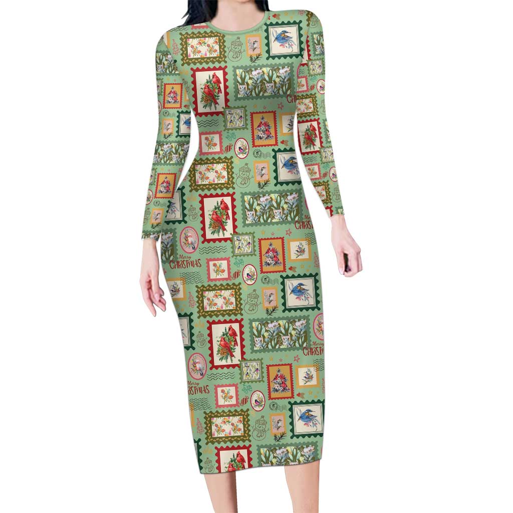 Aussie Birds Christmas La La Land Long Sleeve Bodycon Dress Green Vintage Stamp Edition - Aussie Hoodie
