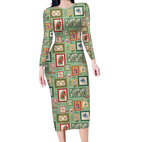 Aussie Birds Christmas La La Land Long Sleeve Bodycon Dress Green Vintage Stamp Edition - Aussie Hoodie