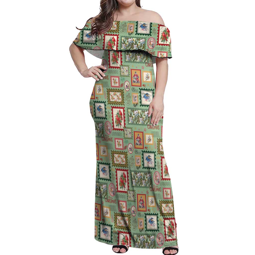 Aussie Birds Christmas La La Land Off Shoulder Maxi Dress Green Vintage Stamp Edition - Aussie Hoodie