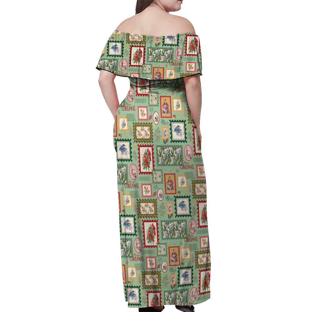 Aussie Birds Christmas La La Land Off Shoulder Maxi Dress Green Vintage Stamp Edition - Aussie Hoodie