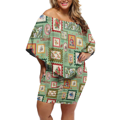 Aussie Birds Christmas La La Land Off Shoulder Short Dress Green Vintage Stamp Edition - Aussie Hoodie