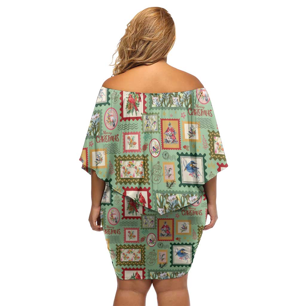 Aussie Birds Christmas La La Land Off Shoulder Short Dress Green Vintage Stamp Edition - Aussie Hoodie