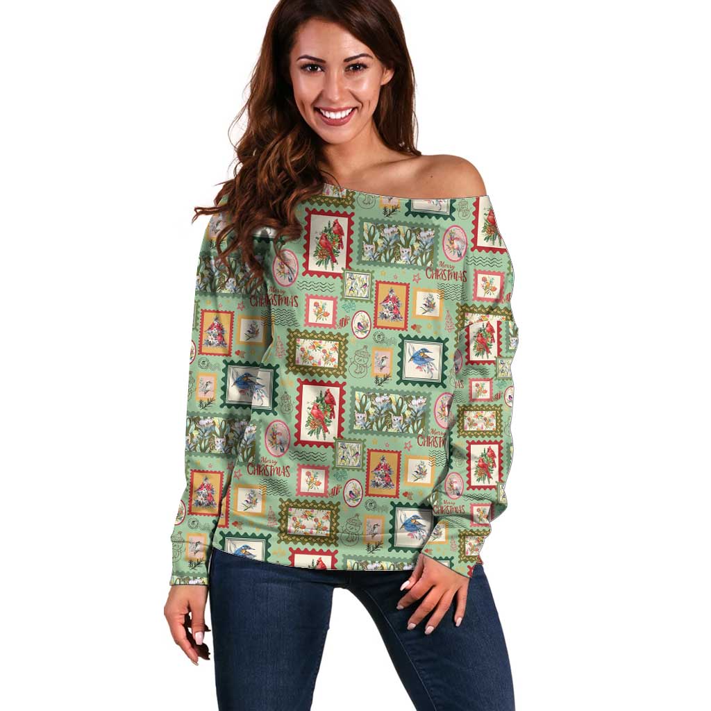 Aussie Birds Christmas La La Land Off Shoulder Sweater Green Vintage Stamp Edition - Aussie Hoodie