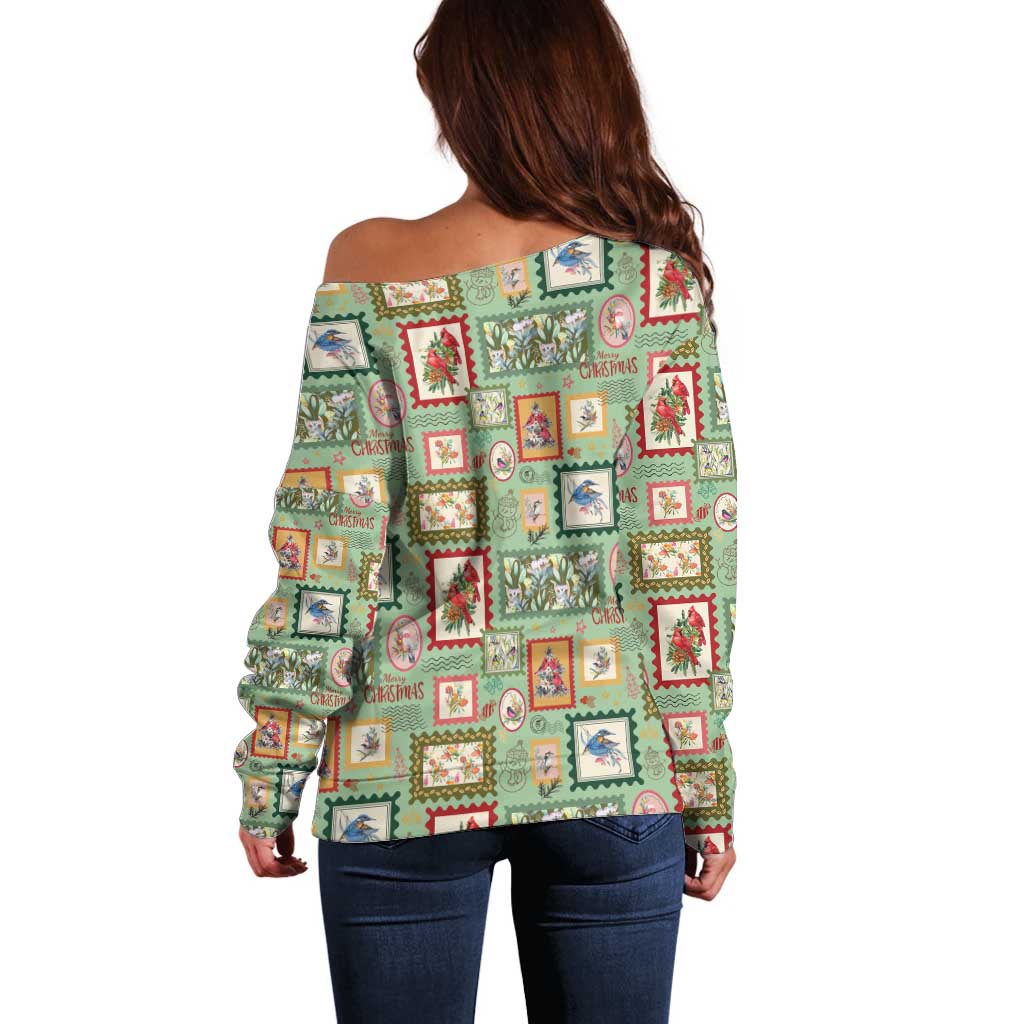 Aussie Birds Christmas La La Land Off Shoulder Sweater Green Vintage Stamp Edition - Aussie Hoodie