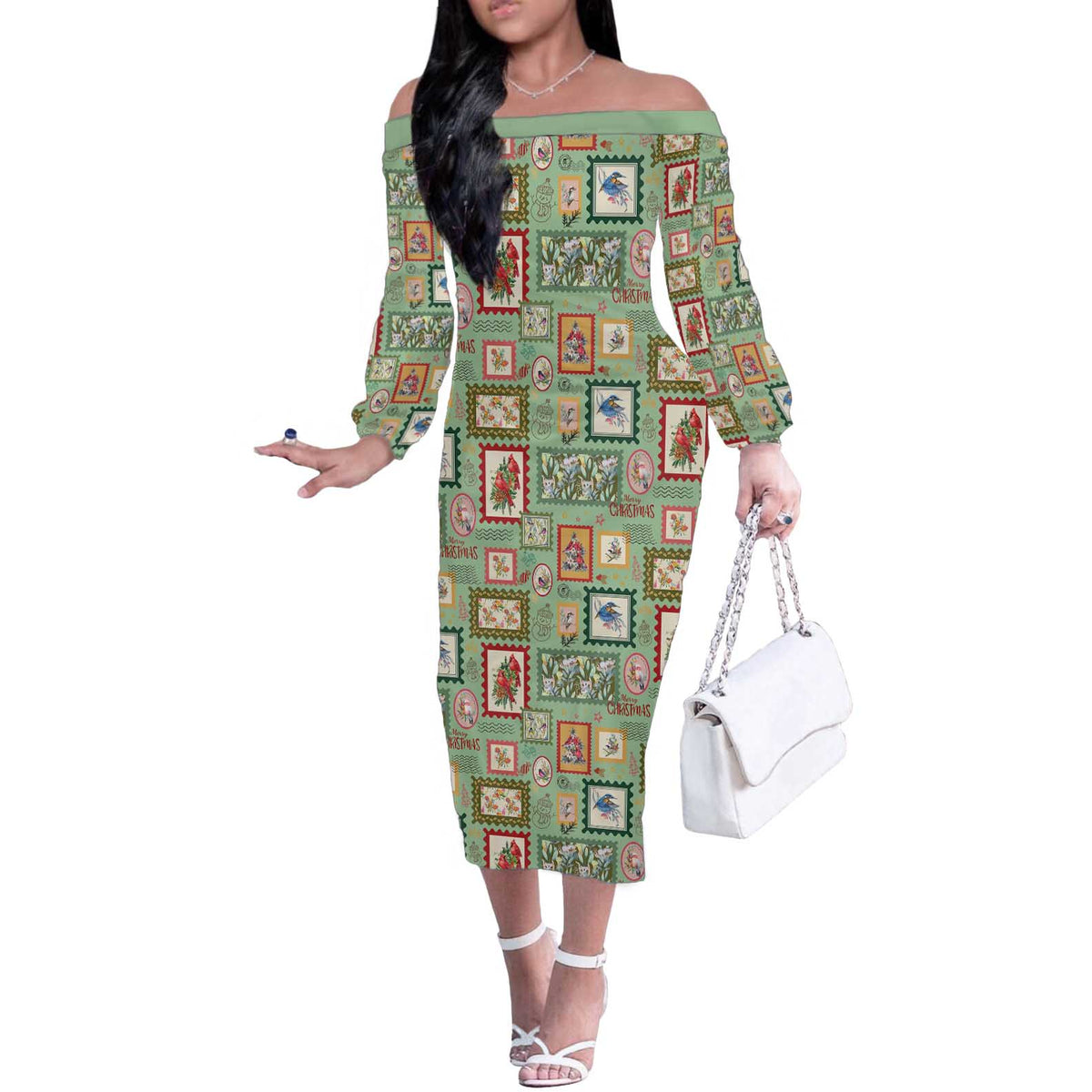 Aussie Birds Christmas La La Land Off The Shoulder Long Sleeve Dress Green Vintage Stamp Edition - Aussie Hoodie