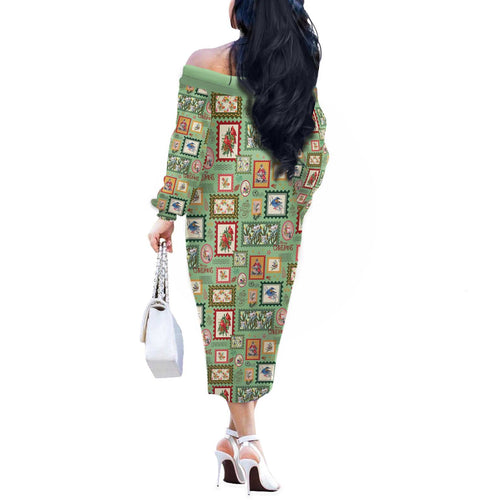 Aussie Birds Christmas La La Land Off The Shoulder Long Sleeve Dress Green Vintage Stamp Edition - Aussie Hoodie