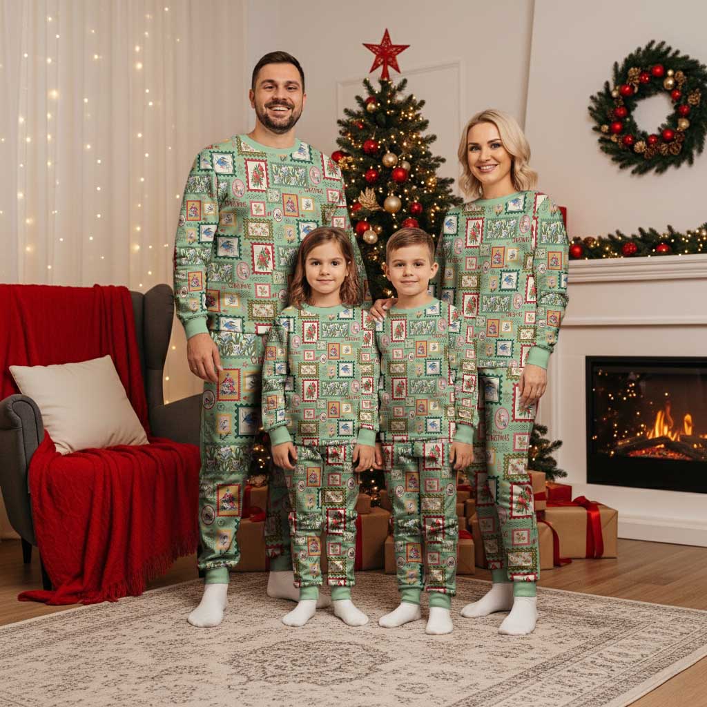 Aussie Birds Christmas La La Land Christmas Pajama Set Green Vintage Stamp Edition - Aussie Hoodie
