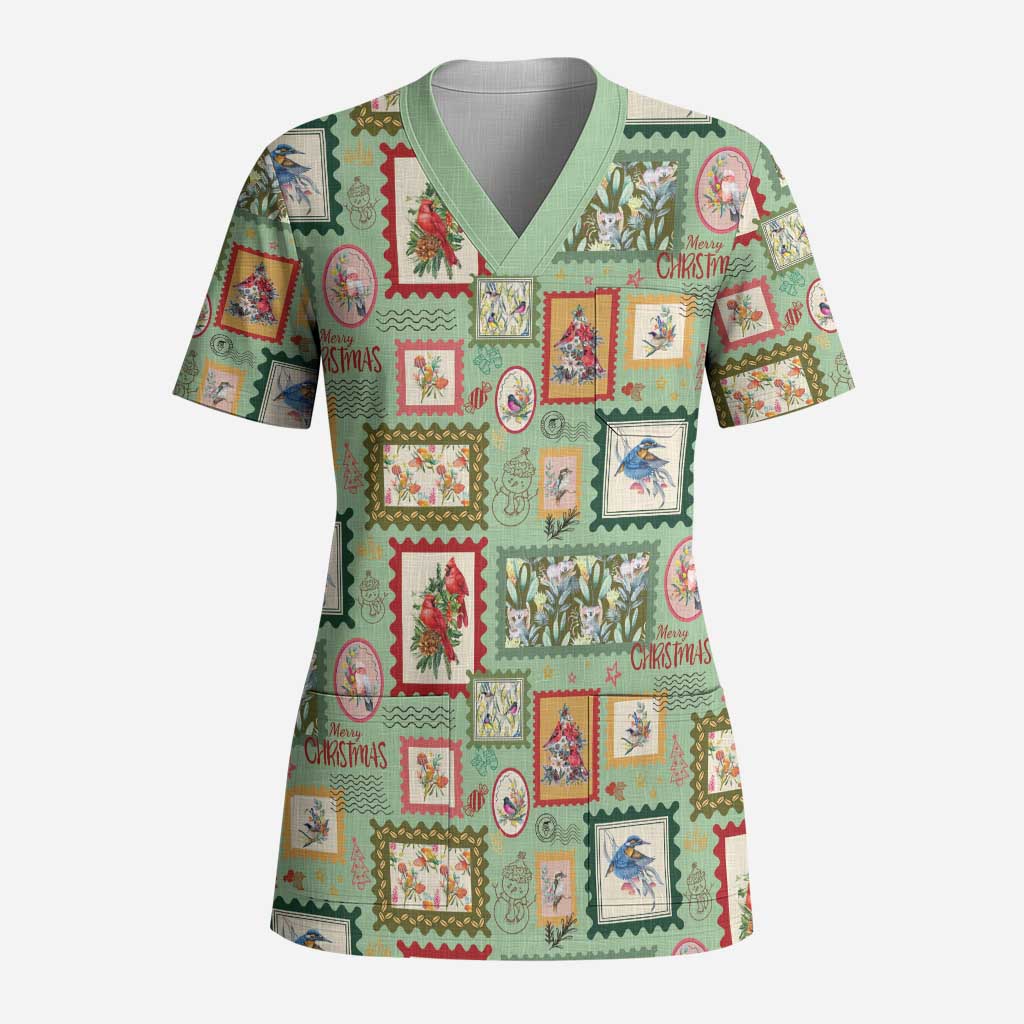 Aussie Birds Christmas La La Land Scrub Top Green Vintage Stamp Edition - Aussie Hoodie