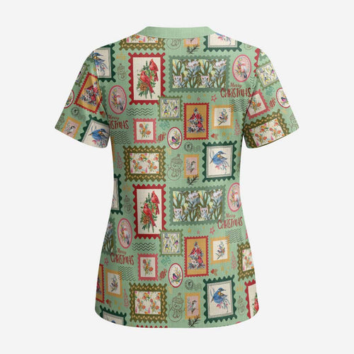 Aussie Birds Christmas La La Land Scrub Top Green Vintage Stamp Edition - Aussie Hoodie
