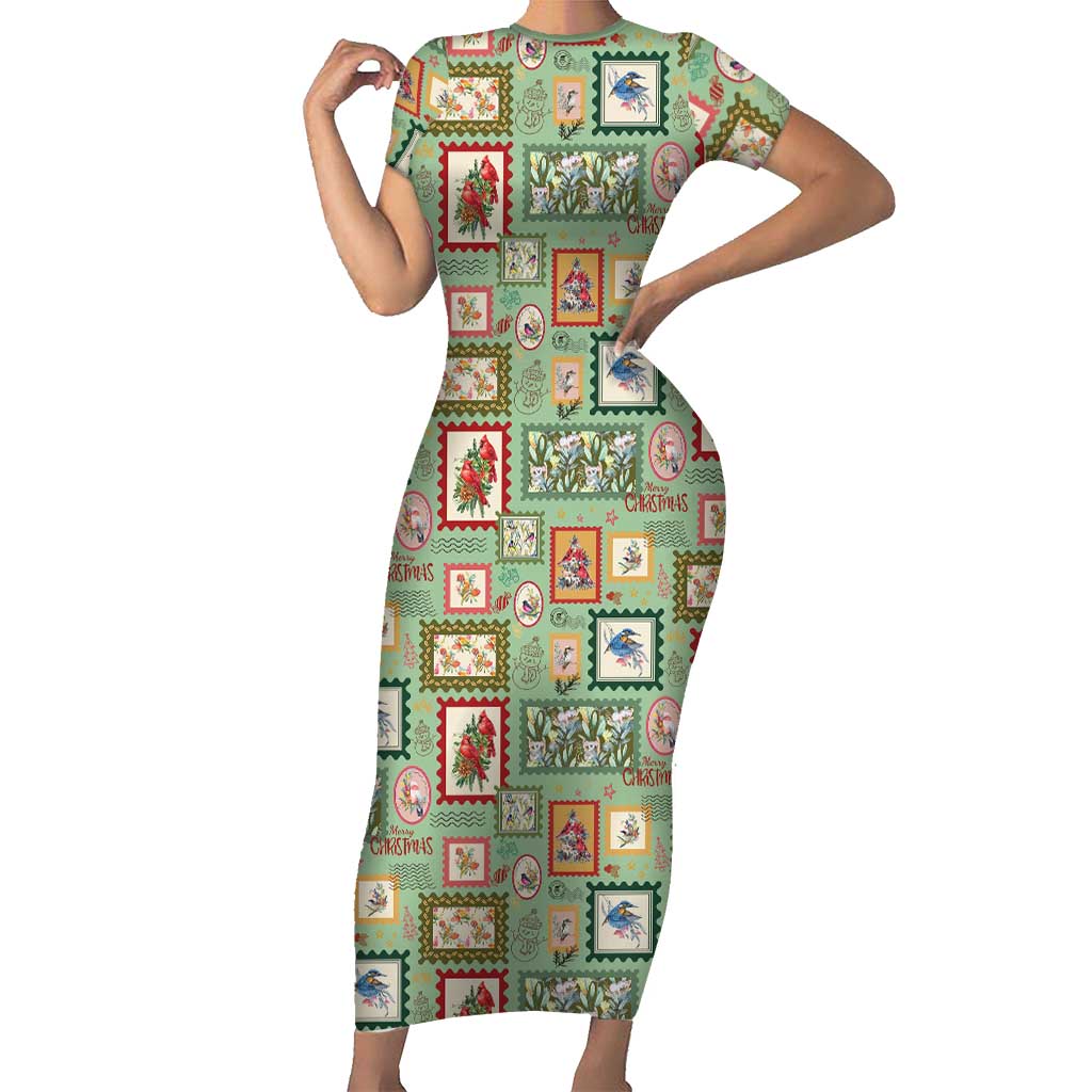 Aussie Birds Christmas La La Land Short Sleeve Bodycon Dress Green Vintage Stamp Edition - Aussie Hoodie