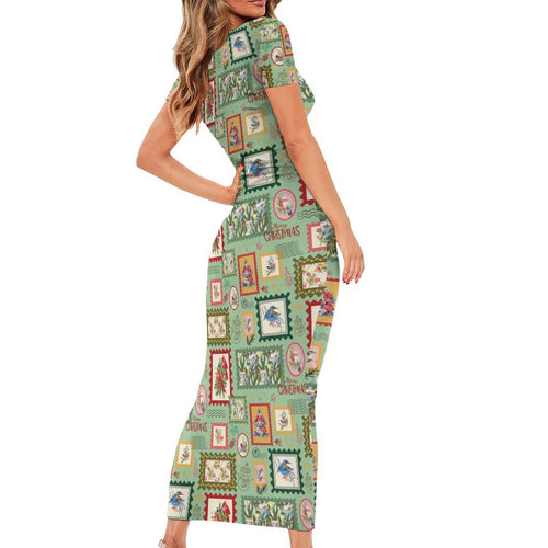Aussie Birds Christmas La La Land Short Sleeve Bodycon Dress Green Vintage Stamp Edition - Aussie Hoodie