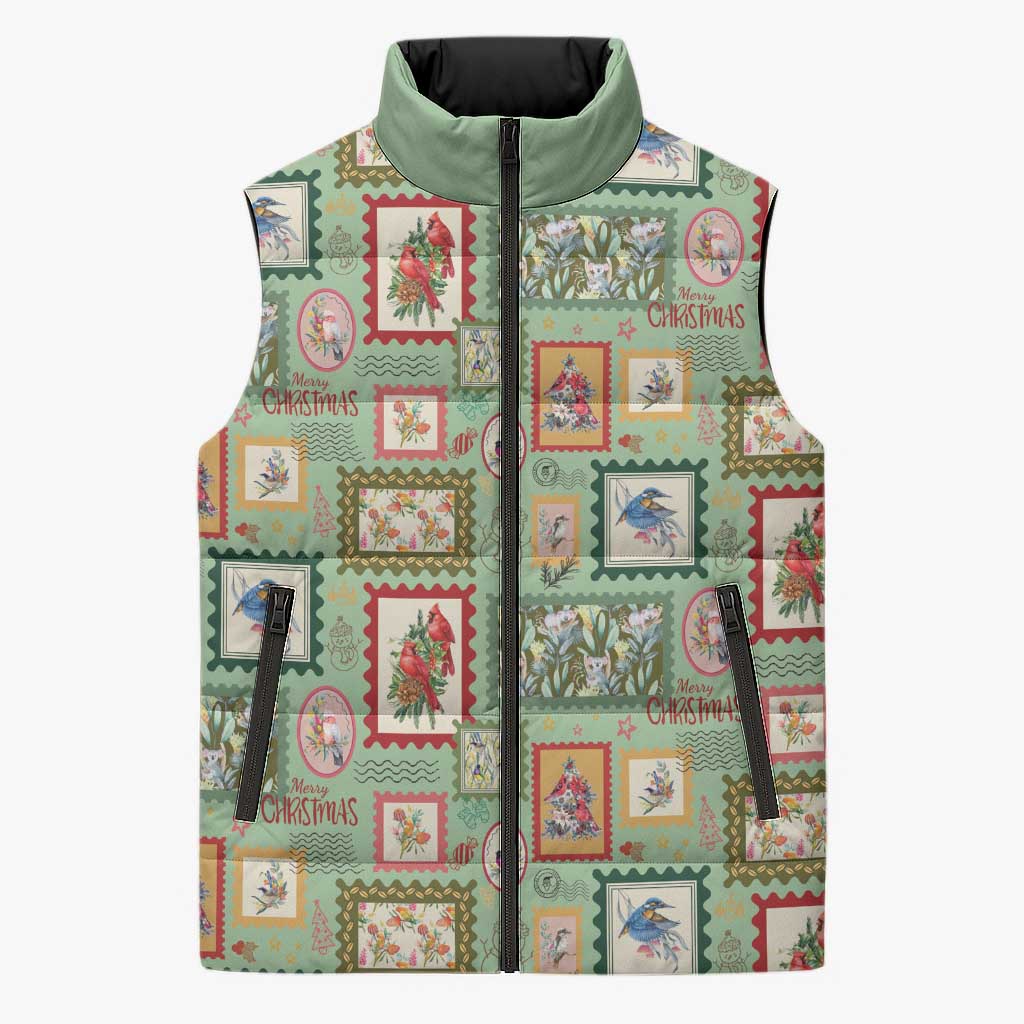 Aussie Birds Christmas La La Land Sleeveless Puffer Jacket Green Vintage Stamp Edition - Aussie Hoodie