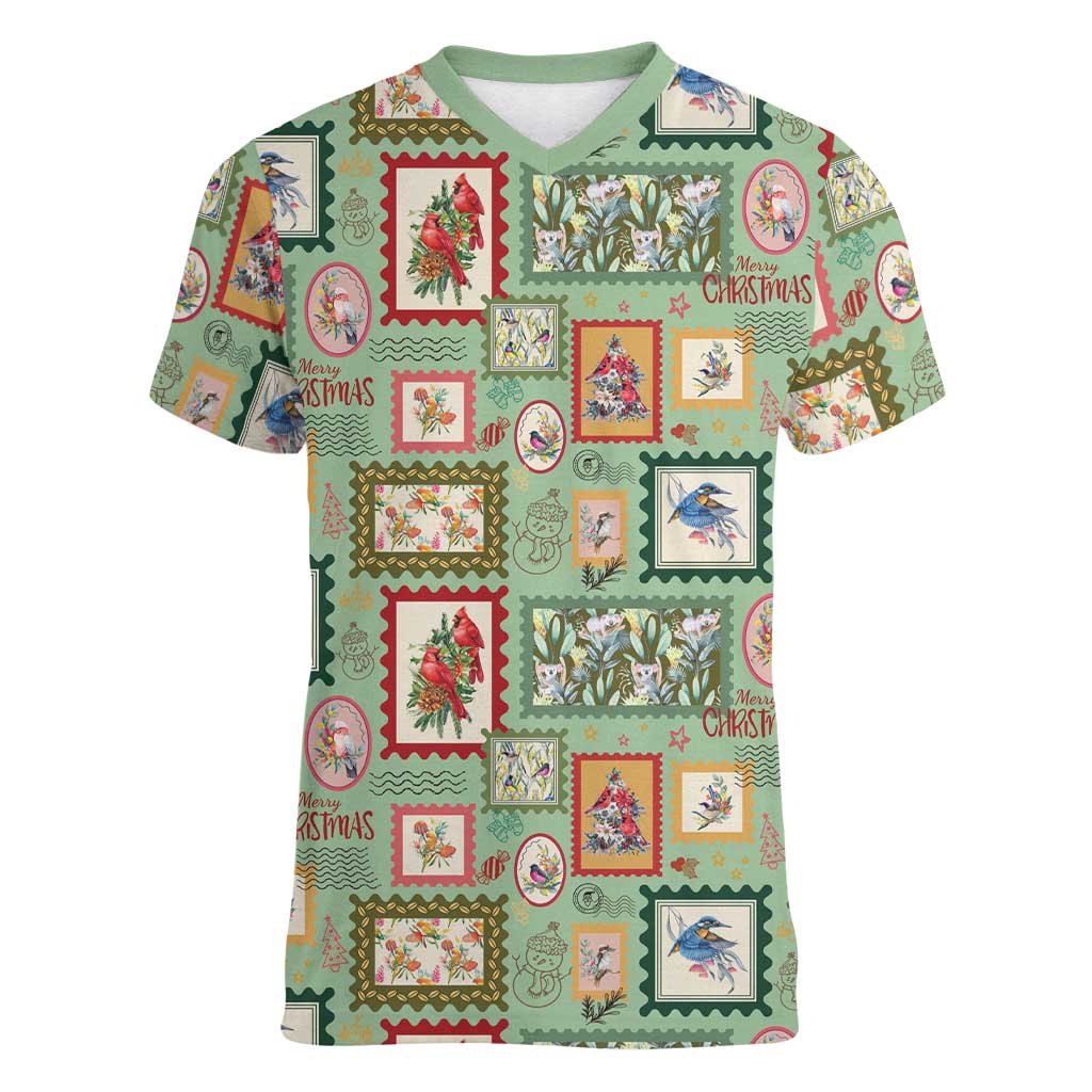 Aussie Birds Christmas La La Land Women V-Neck T-Shirt Green Vintage Stamp Edition - Aussie Hoodie