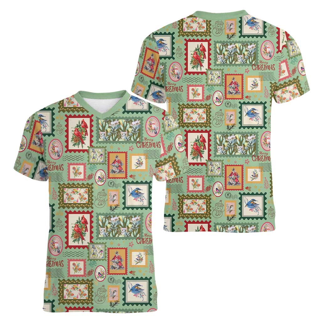 Aussie Birds Christmas La La Land Women V-Neck T-Shirt Green Vintage Stamp Edition - Aussie Hoodie