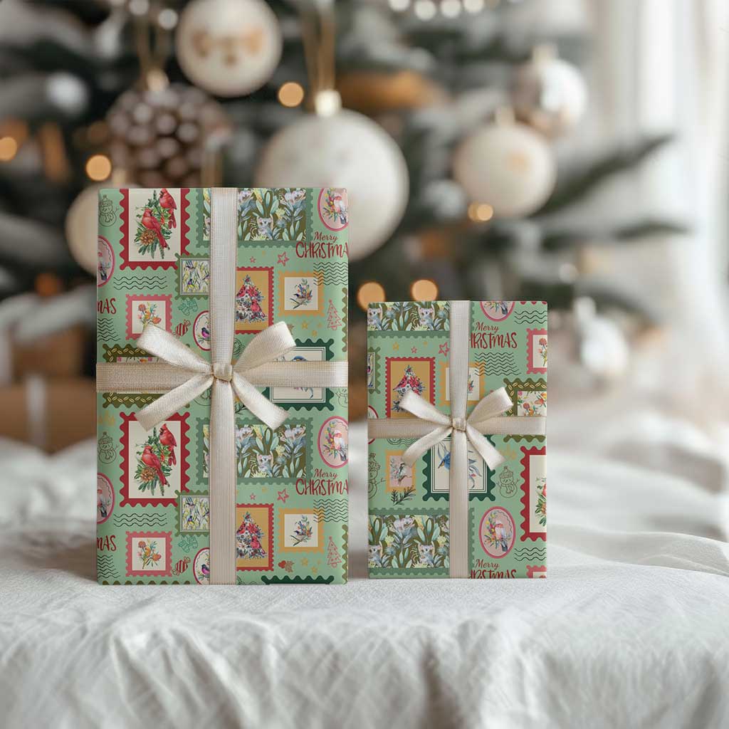 Aussie Birds Christmas La La Land Wrapping Paper Green Vintage Stamp Edition - Aussie Hoodie