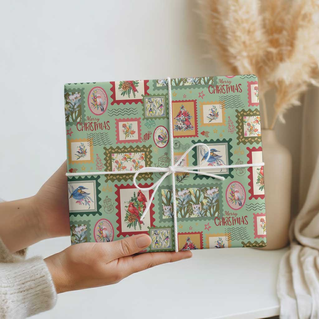 Aussie Birds Christmas La La Land Wrapping Paper Green Vintage Stamp Edition - Aussie Hoodie