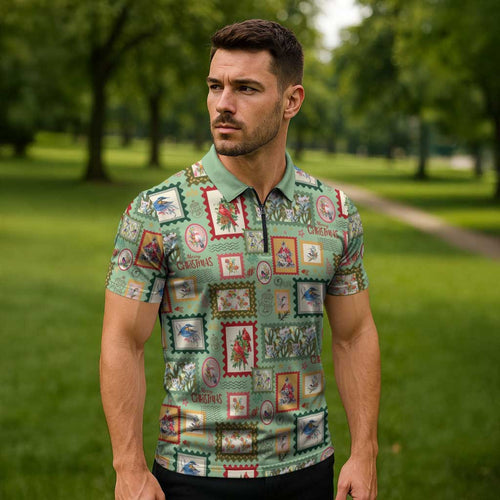 Aussie Birds Christmas La La Land Zipper Polo Shirt Green Vintage Stamp Edition - Aussie Hoodie