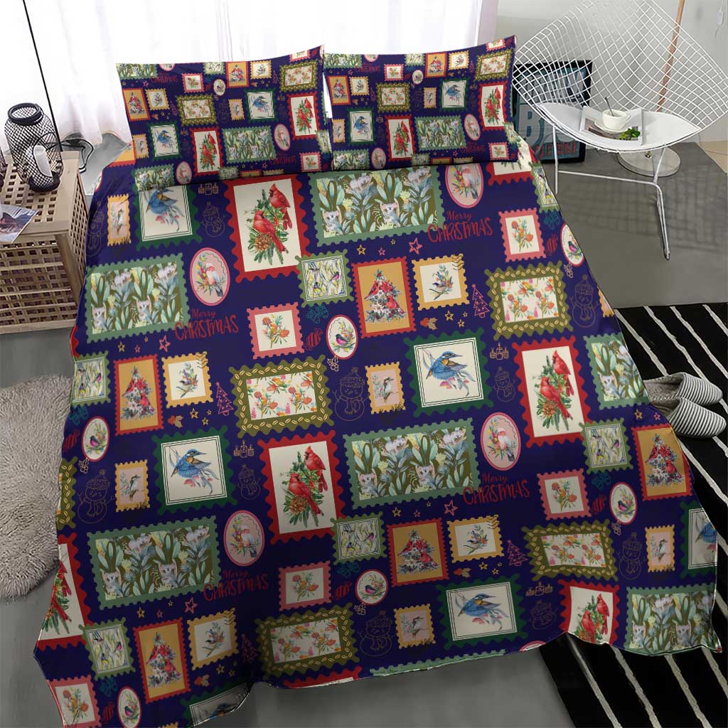 Aussie Birds Christmas La La Land Bedding Set Navy Blue Vintage Stamp Edition - Aussie Hoodie