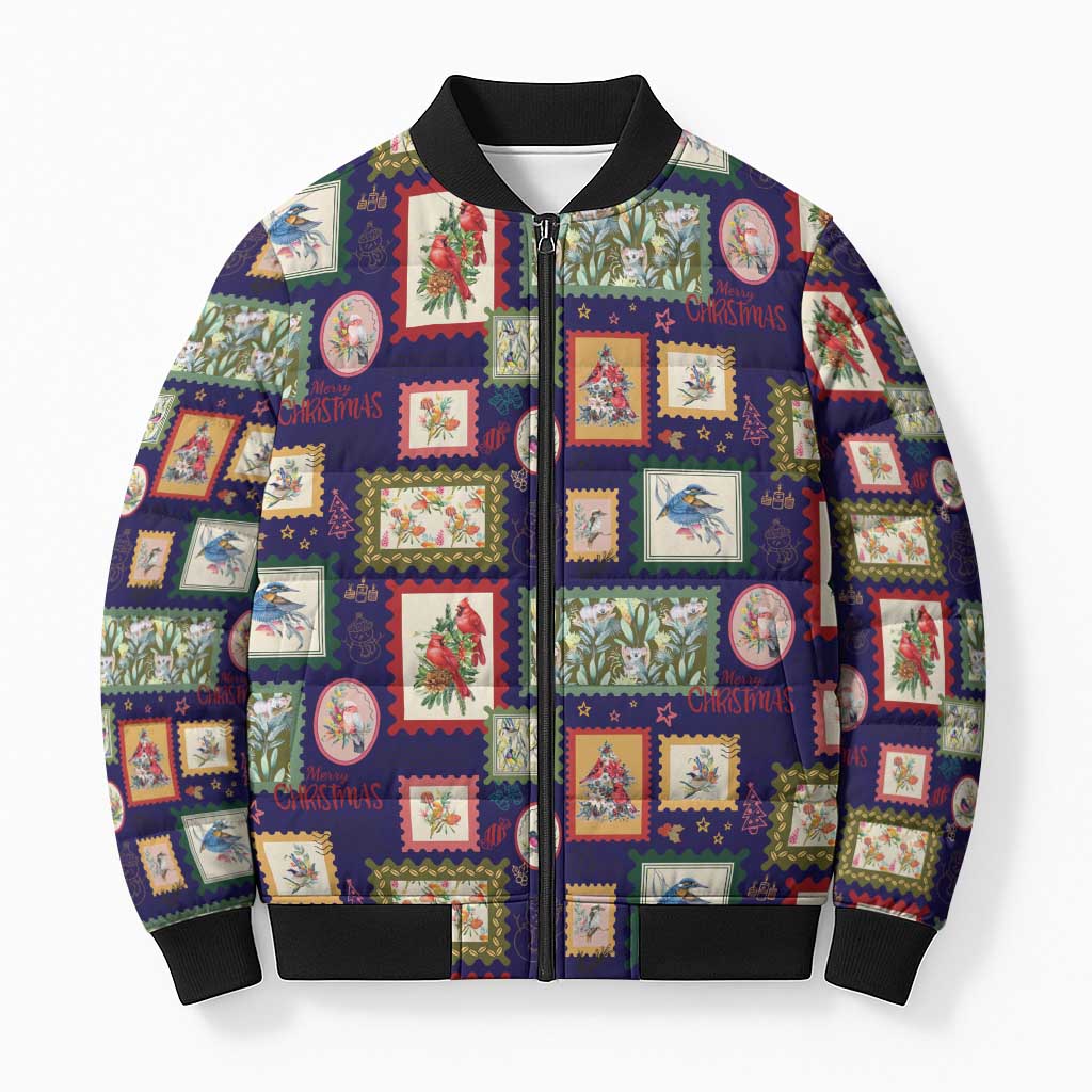 Aussie Birds Christmas La La Land Bomber Puffer Jacket Navy Blue Vintage Stamp Edition - Aussie Hoodie