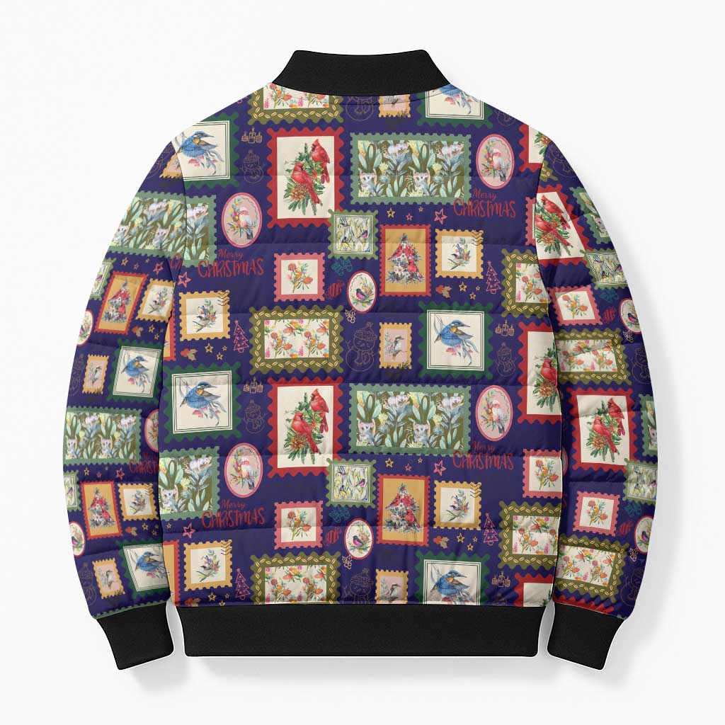 Aussie Birds Christmas La La Land Bomber Puffer Jacket Navy Blue Vintage Stamp Edition - Aussie Hoodie