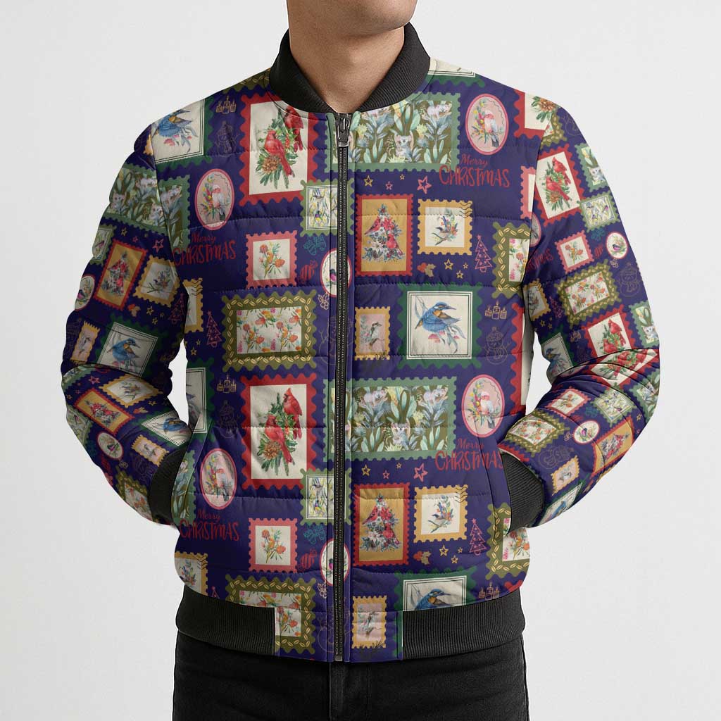 Aussie Birds Christmas La La Land Bomber Puffer Jacket Navy Blue Vintage Stamp Edition - Aussie Hoodie