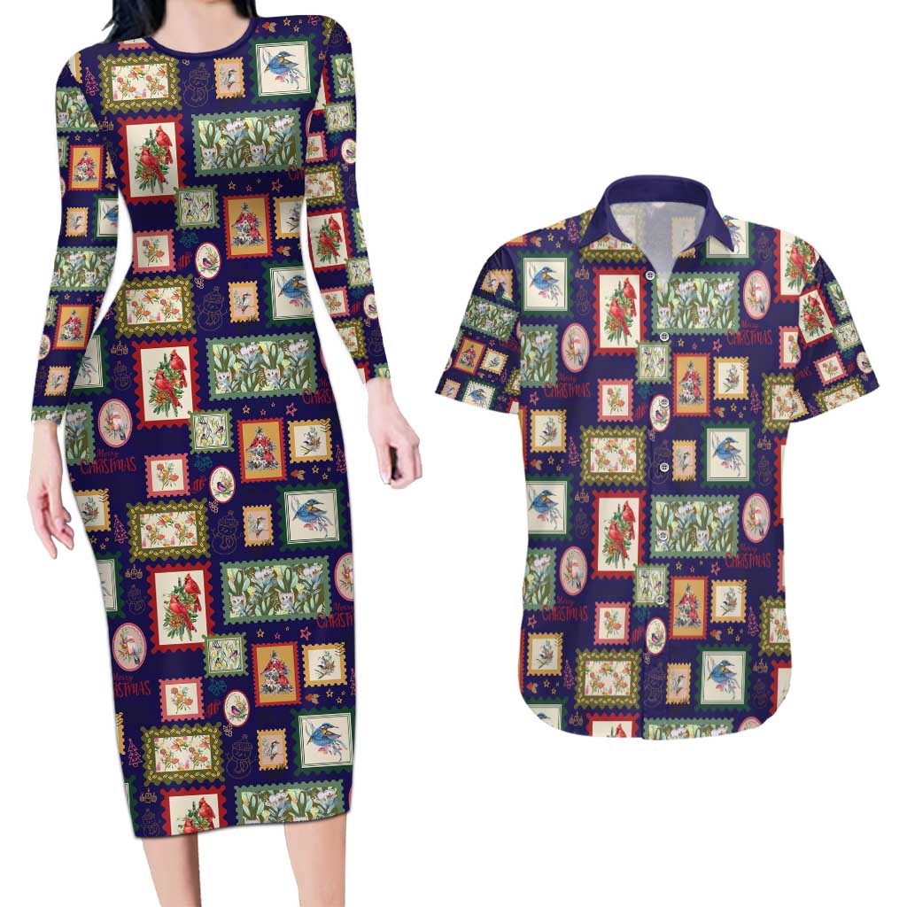 Aussie Birds Christmas La La Land Couples Matching Long Sleeve Bodycon Dress and Hawaiian Shirt Navy Blue Vintage Stamp Edition - Aussie Hoodie