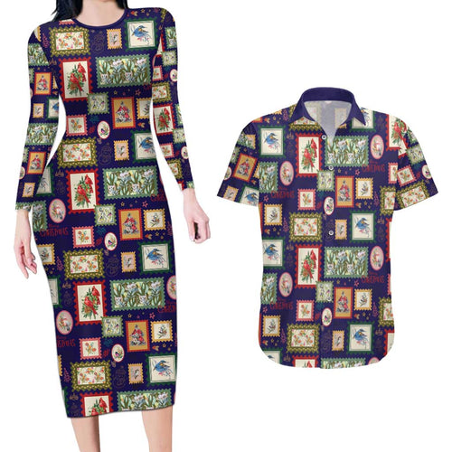 Aussie Birds Christmas La La Land Couples Matching Long Sleeve Bodycon Dress and Hawaiian Shirt Navy Blue Vintage Stamp Edition - Aussie Hoodie