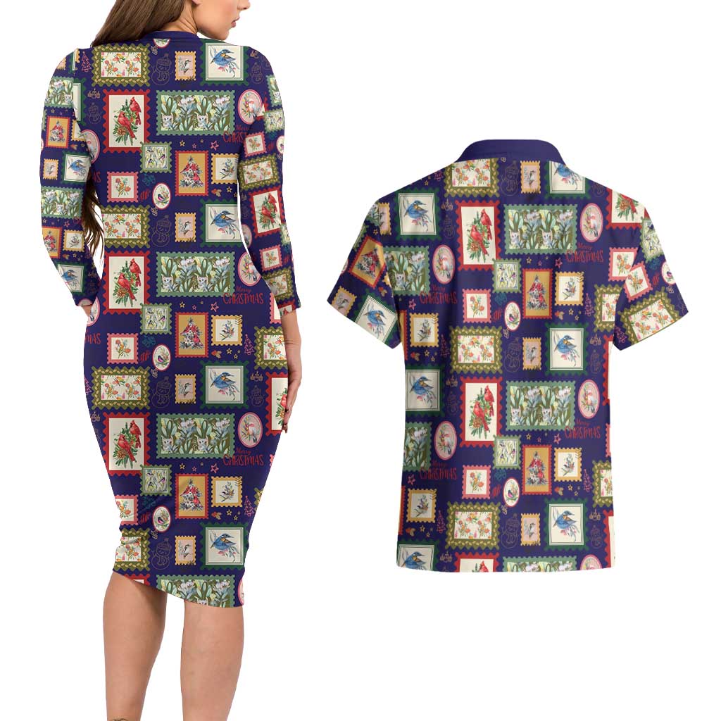 Aussie Birds Christmas La La Land Couples Matching Long Sleeve Bodycon Dress and Hawaiian Shirt Navy Blue Vintage Stamp Edition - Aussie Hoodie