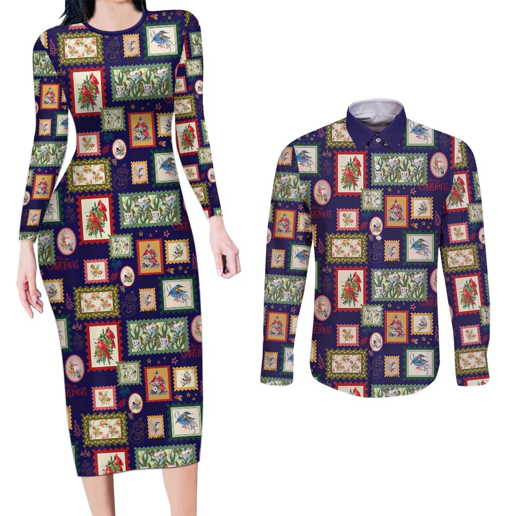 Aussie Birds Christmas La La Land Couples Matching Long Sleeve Bodycon Dress and Long Sleeve Button Shirt Navy Blue Vintage Stamp Edition - Aussie Hoodie