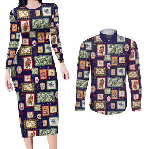 Aussie Birds Christmas La La Land Couples Matching Long Sleeve Bodycon Dress and Long Sleeve Button Shirt Navy Blue Vintage Stamp Edition - Aussie Hoodie