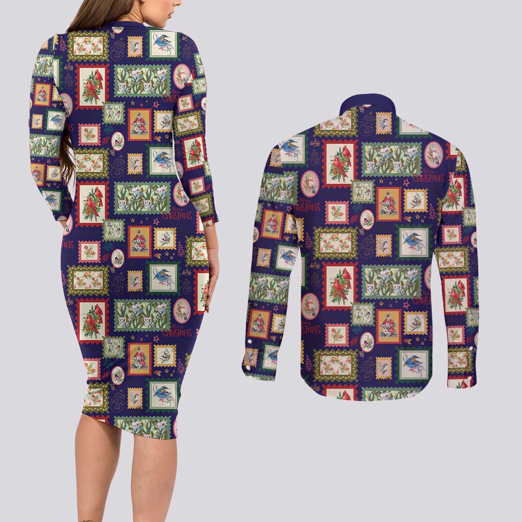 Aussie Birds Christmas La La Land Couples Matching Long Sleeve Bodycon Dress and Long Sleeve Button Shirt Navy Blue Vintage Stamp Edition - Aussie Hoodie