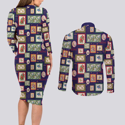 Aussie Birds Christmas La La Land Couples Matching Long Sleeve Bodycon Dress and Long Sleeve Button Shirt Navy Blue Vintage Stamp Edition - Aussie Hoodie