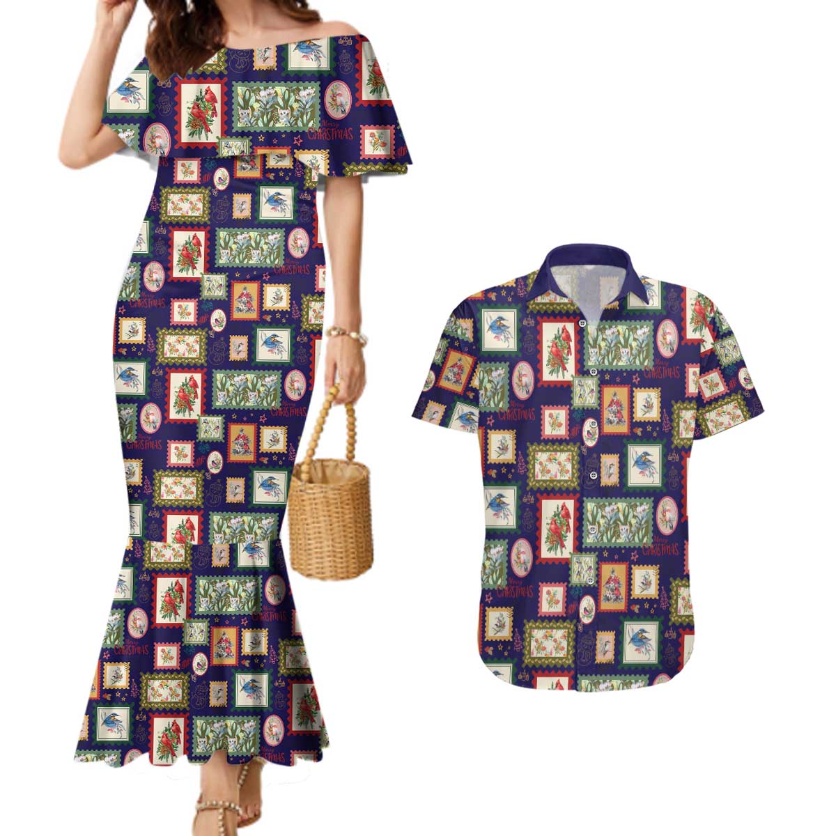 Aussie Birds Christmas La La Land Couples Matching Mermaid Dress and Hawaiian Shirt Navy Blue Vintage Stamp Edition - Aussie Hoodie