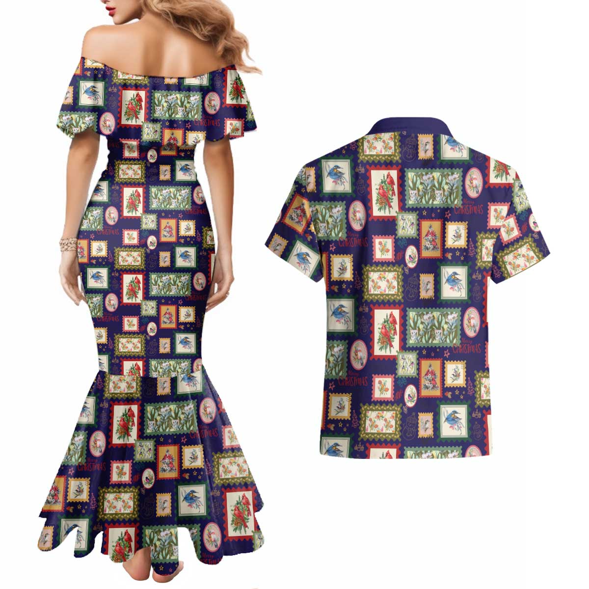 Aussie Birds Christmas La La Land Couples Matching Mermaid Dress and Hawaiian Shirt Navy Blue Vintage Stamp Edition - Aussie Hoodie
