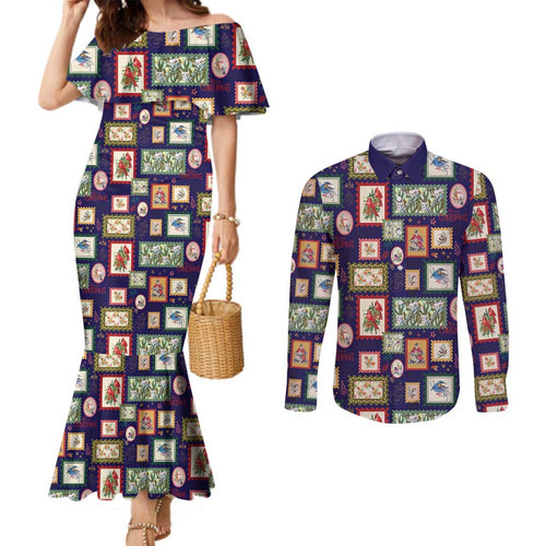 Aussie Birds Christmas La La Land Couples Matching Mermaid Dress and Long Sleeve Button Shirt Navy Blue Vintage Stamp Edition - Aussie Hoodie