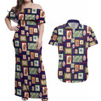 Aussie Birds Christmas La La Land Couples Matching Off Shoulder Maxi Dress and Hawaiian Shirt Navy Blue Vintage Stamp Edition - Aussie Hoodie