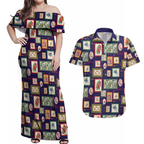 Aussie Birds Christmas La La Land Couples Matching Off Shoulder Maxi Dress and Hawaiian Shirt Navy Blue Vintage Stamp Edition - Aussie Hoodie