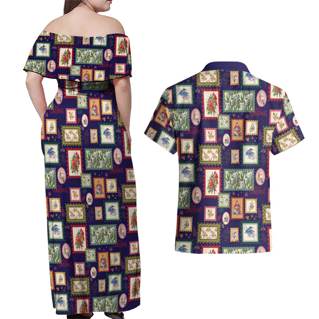 Aussie Birds Christmas La La Land Couples Matching Off Shoulder Maxi Dress and Hawaiian Shirt Navy Blue Vintage Stamp Edition - Aussie Hoodie