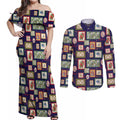 Aussie Birds Christmas La La Land Couples Matching Off Shoulder Maxi Dress and Long Sleeve Button Shirt Navy Blue Vintage Stamp Edition - Aussie Hoodie