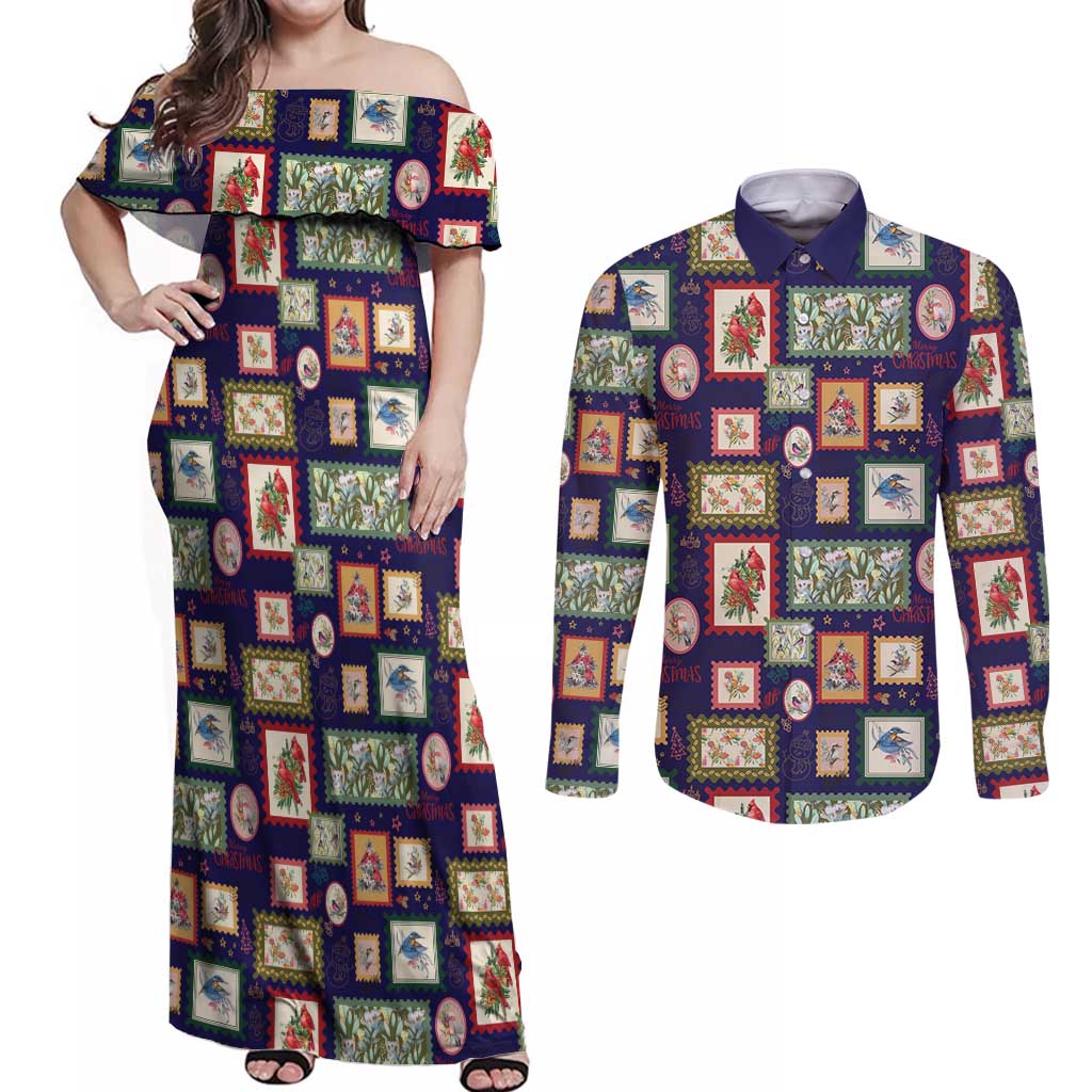 Aussie Birds Christmas La La Land Couples Matching Off Shoulder Maxi Dress and Long Sleeve Button Shirt Navy Blue Vintage Stamp Edition - Aussie Hoodie