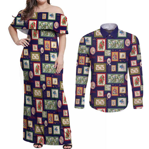 Aussie Birds Christmas La La Land Couples Matching Off Shoulder Maxi Dress and Long Sleeve Button Shirt Navy Blue Vintage Stamp Edition - Aussie Hoodie
